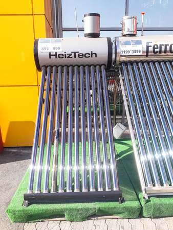 Solar heater for green energy on sale at a supermarket in Bucharest, Romania, 2019のeditorial素材