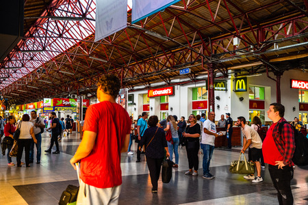 Travelers at main railway station in Bucharest, the North Railway Station (Gara de Nord) in Bucharest, Romania, 2019のeditorial素材
