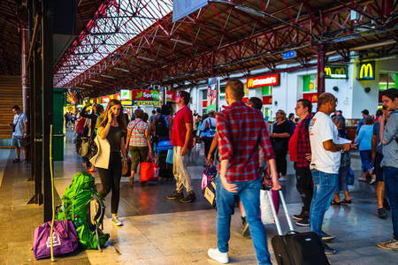 Travelers at main railway station in Bucharest, the North Railway Station (Gara de Nord) in Bucharest, Romania, 2019のeditorial素材