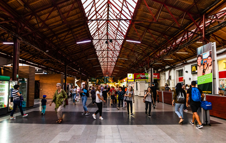 Travelers at main railway station in Bucharest, the North Railway Station (Gara de Nord) in Bucharest, Romania, 2019のeditorial素材