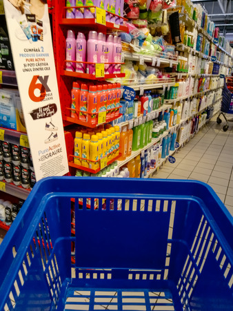 Shopping cart view in a supermarket store in Bucharest, Romania, 2019のeditorial素材