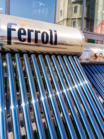 Solar heater for green energy on sale at a supermarket in Bucharest, Romania, 2019のeditorial素材
