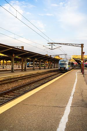 Trains on the platform of Bucharest North Railway Station (Gara de Nord Bucuresti) in Bucharest, Romania, 2019のeditorial素材