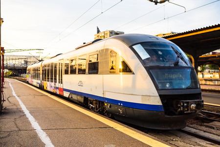 Trains on the platform of Bucharest North Railway Station (Gara de Nord Bucuresti) in Bucharest, Romania, 2019のeditorial素材