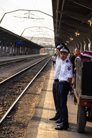 Romanian Information Service or Serviciul Roman de Informatii (SRI) guarding a special delivery on the platform of Bucharest North Railway Station (Gara de Nord) in Bucharest, Romania, 2019のeditorial素材