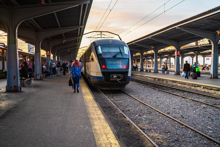 Trains on the platform of Bucharest North Railway Station (Gara de Nord Bucuresti) in Bucharest, Romania, 2019のeditorial素材
