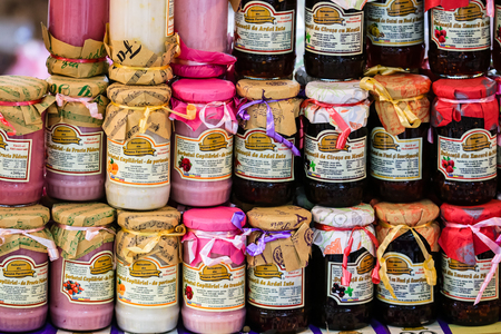 Homemade jars of jam for sale at a food festival in Bucharest, Romania â 2019のeditorial素材
