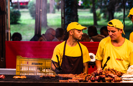 Chef preparing meat on the grill, pork steaks, chicken breast, sausages, pieces of meat chops at a food festival in Bucharest, Romania â 2019のeditorial素材