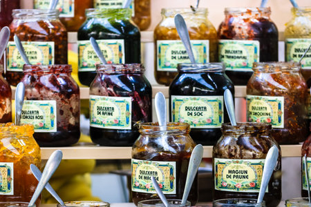 Jars of crepe jam at a food festival in Bucharest, Romania â€“ 2019