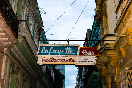 Havana, Cuba â 2019. Sign of a well-known local restaurant in Havana.のeditorial素材