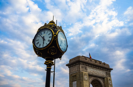 Public clock in  King Mihai I park (Herastrau park) in Bucharest, Romania, 2019.