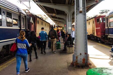 People getting off the train at Bucharest North Railway Station (Gara de Nord) in Bucharest, Romania, 2019.のeditorial素材