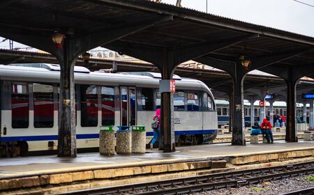 Train on the platform of Bucharest North Railway Station (Gara de Nord Bucuresti) in Bucharest, Romania, 2019のeditorial素材