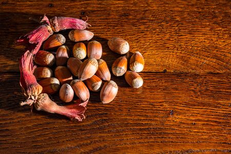 Red hazelnuts on a wooden board. Isolated hazelnuts.の写真素材