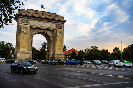 Arch of triumph (Arcul de Triumf) in Bucharest, Romania, 2019.のeditorial素材