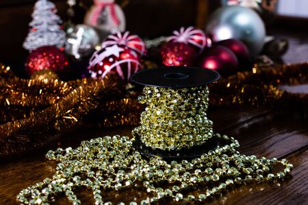 Christmas decorations on wooden board. Christmas concept.  Colorful Christmas garlands.の写真素材