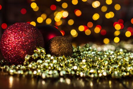 Christmas decorations against blurred background and out of focus lights. Christmas concept.  Colorful garlands.の写真素材