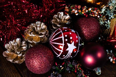 Christmas decorations on wooden board. Christmas concept. Colorful Christmas balls.の写真素材