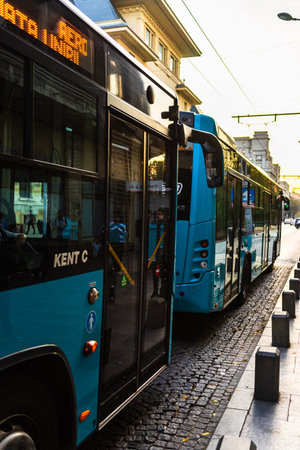 Buses waiting in the bus station in Bucharest, Romania, 2019