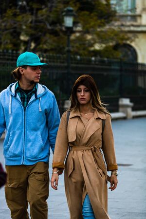 People, tourists walking on the sidewalk in downtown Bucharest, Romania, 2019のeditorial素材