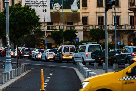 Car traffic at rush hour in downtown area, Victoriei Boulevard (Calea Victoriei) in Bucharest, Romania, 2019のeditorial素材