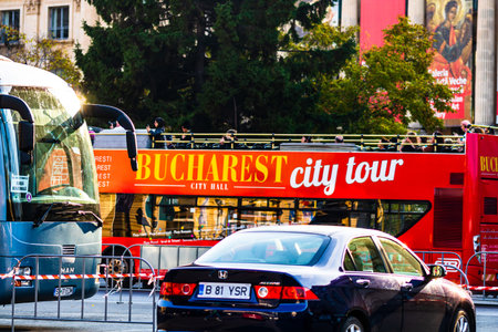 Car traffic at rush hour in downtown area, Victoriei Boulevard (Calea Victoriei) in Bucharest,...