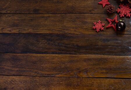 Colorful, glittery and shiny Christmas decorations on wooden board. Christmas concept. Christmas background.の写真素材