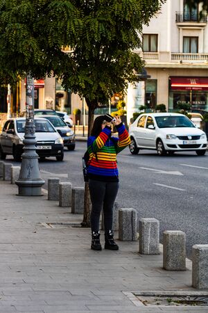 Tourist taking a photo of downtown area in Bucharest, Romania, 2019のeditorial素材