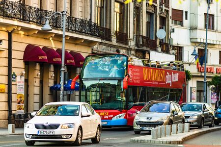 Bucharest City Tour Bus hop on hop off bus in downtown Bucharest, Romania, 2019のeditorial素材