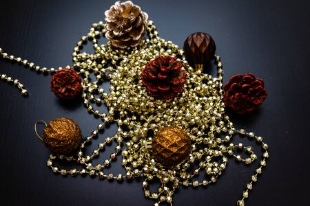 Christmas decoration and ornaments.  Christmas concept. Shiny Christmas balls and garland.の写真素材