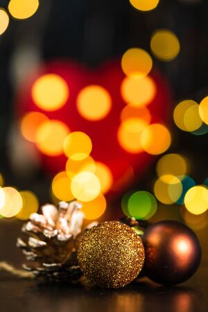 Christmas decoration and ornaments. Christmas composition on blurred lights background. Christmas balls.の写真素材