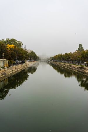 Panoramic view over Dambovita River in a foggy day in Bucharest, Romania, 2019のeditorial素材