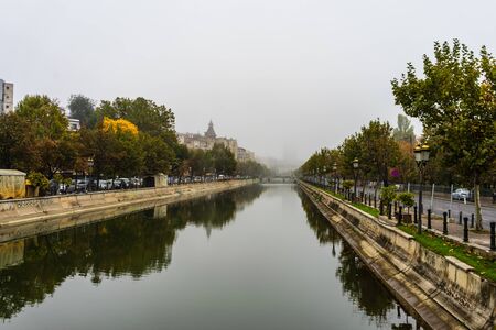 Panoramic view over Dambovita River in a foggy day in Bucharest, Romania, 2019のeditorial素材