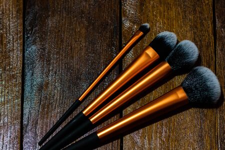 Make-up concept. Make-up brushes.  Concelear brush, foundation brush, blush brush and powder brush.の写真素材