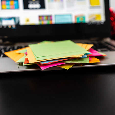 Colorful sticky notes on keyboard. Blurred background.