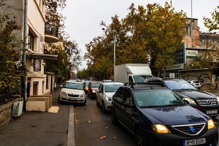 Morning rush hour, stopped cars and traffic on the main boulevard of Bucharest, Romania, 2019のeditorial素材