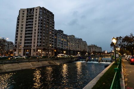 Dambovita River at down in downtown Bucharest, Romania, 2019のeditorial素材