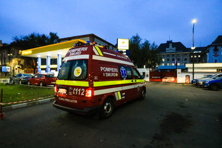 SMURD ambulance car entering in the firefighters garage in Bucharest, Romania, 2019