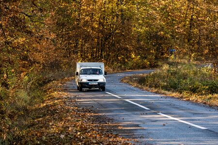 White car on autumn road in forest. Autumn season with sunlight. Colorful trees and fallen leaves in autumn forest. Lugoj, Romania, 2019.のeditorial素材