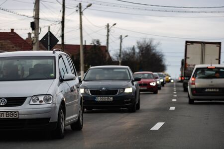 Cars in traffic on the streets of Sibiu, Romania, 2019.のeditorial素材