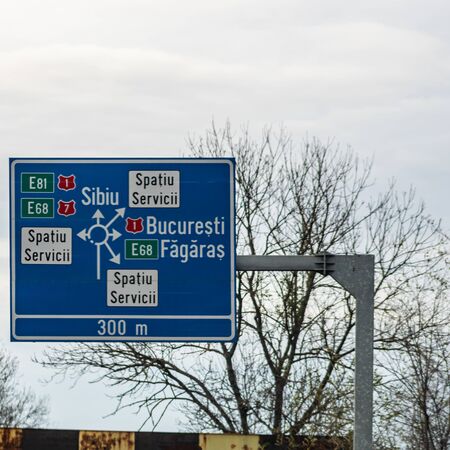 Close up photo of a blue road information board. Sibiu, Romania, 2019のeditorial素材