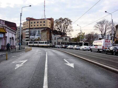 Car traffic at rush hour in downtown area. Bucharest, Romania, 2019.のeditorial素材