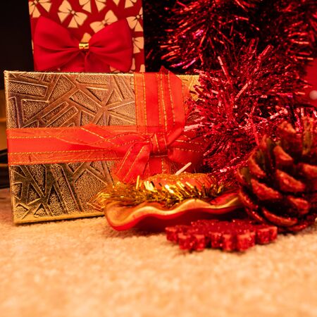 Christmas decorations and ornaments under a Christmas tree.の写真素材