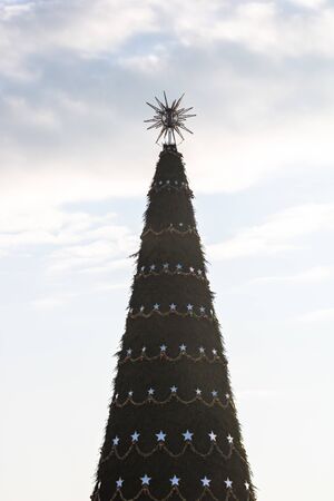 Decorated fir tree at Christmas market in Bucharest.の写真素材