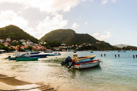 Fishing boats with fishing nets on the beach in Guadalupe, Caribbean Islands. View of the fishing port of Guadalupe, Caribbean 2019のeditorial素材