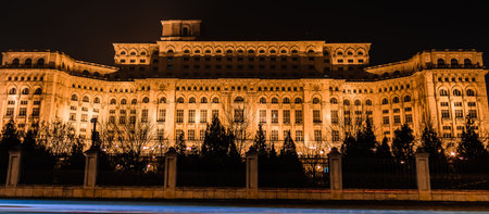 Palace of Parliament building at night in Bucharest, Romania, 2019