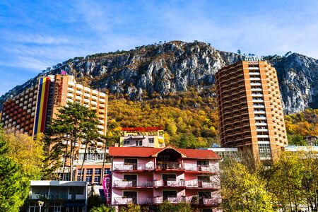 Imposing luxury hotels with spa and treatment base. Minerva Hotel and Afrodita Hotel, Herculane, Romania, 2019のeditorial素材
