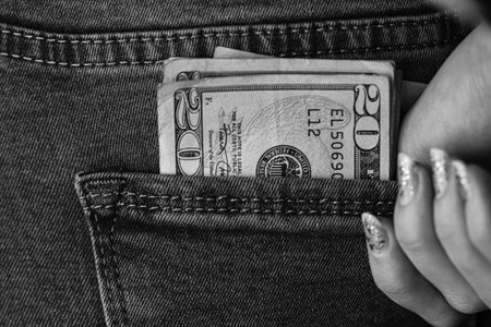 Teenage girl grabs dollar banknotes from her back pocket. Banknotes close up, money in a jeans...