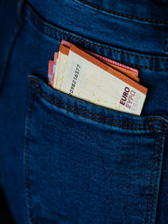 Banknotes close up, money in a jeans pocket. EURO stick out of the jeans pocket, finance and...