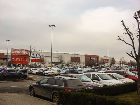 Cars parked, full parking lot in shopping center in Bucharest, Romania, 2019のeditorial素材